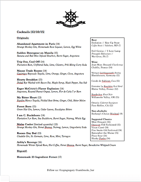 Captain Gregorys Cocktails sample menu on Art is Everywhere